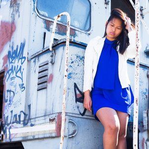 BLUE FITTED HALTER DRESS + FLOWY FRONT